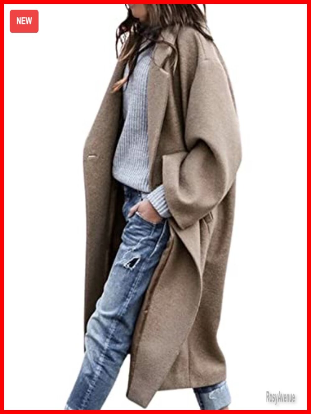 Oversized Notched Collar Wool Blend Trench Coat Button Midi Long